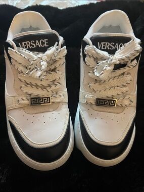 Versace White and Black Men’s Low-Top Sneakers with Gold Accent